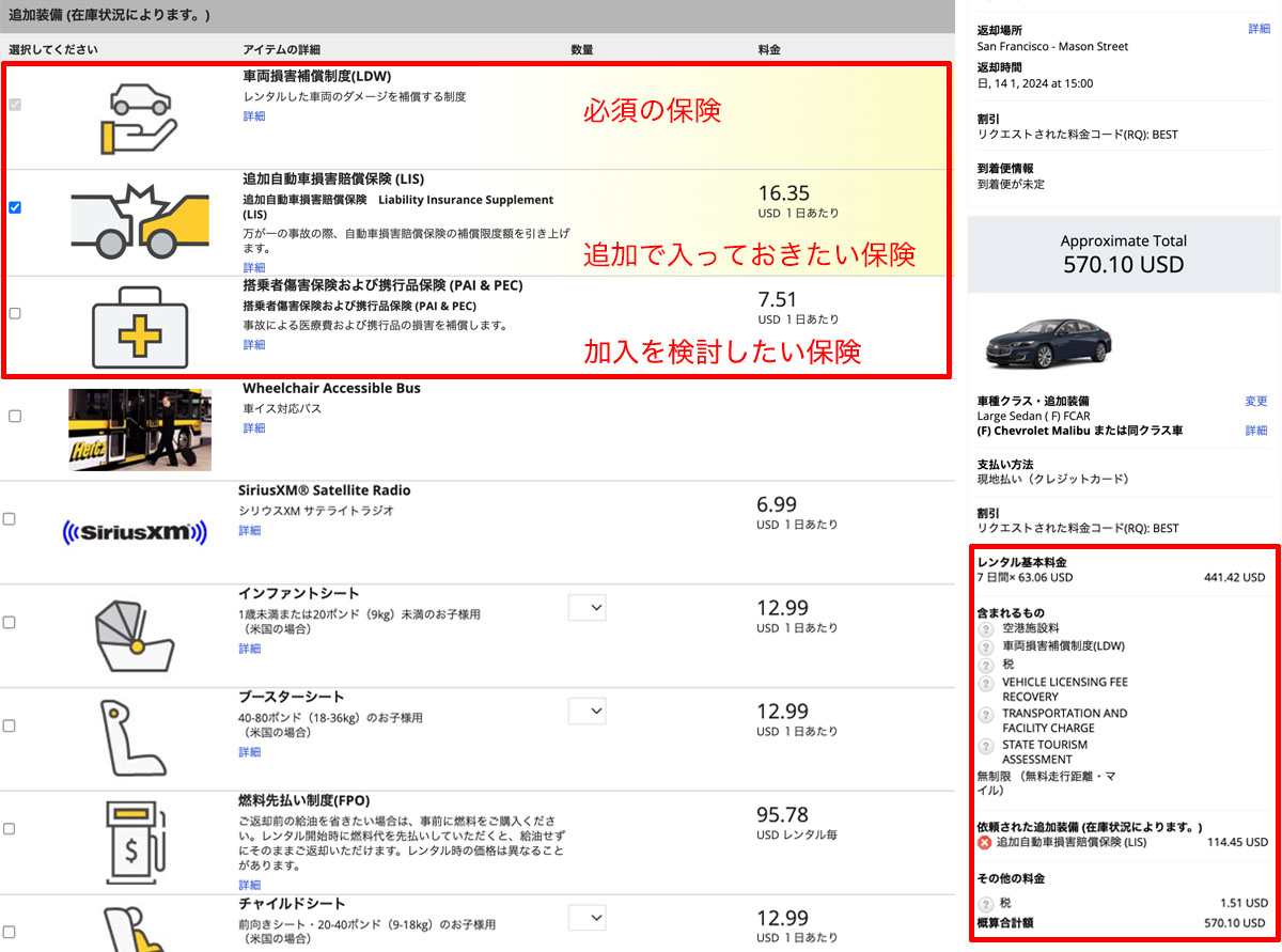 アメリカ・ハーツレンタカーの保険(c)Megumi Mitani